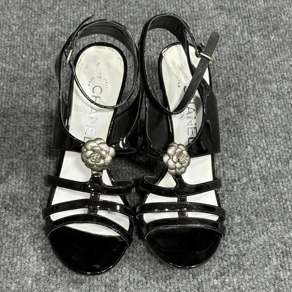 Chanel Sandals Womens 6 36 Black Patent Camellia Flower Logo Italy Heel Strappy